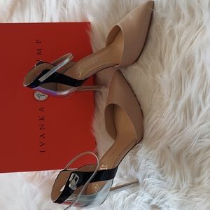 Ivanka Trump Ivory Chrome Black Ankle Strap  Heels